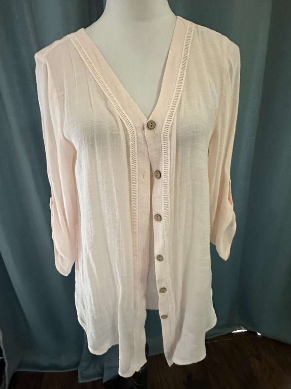 ALYX Blush Pink Sheer Button Front Roll Tab Sleeve Blouse Top Women's Size Small
